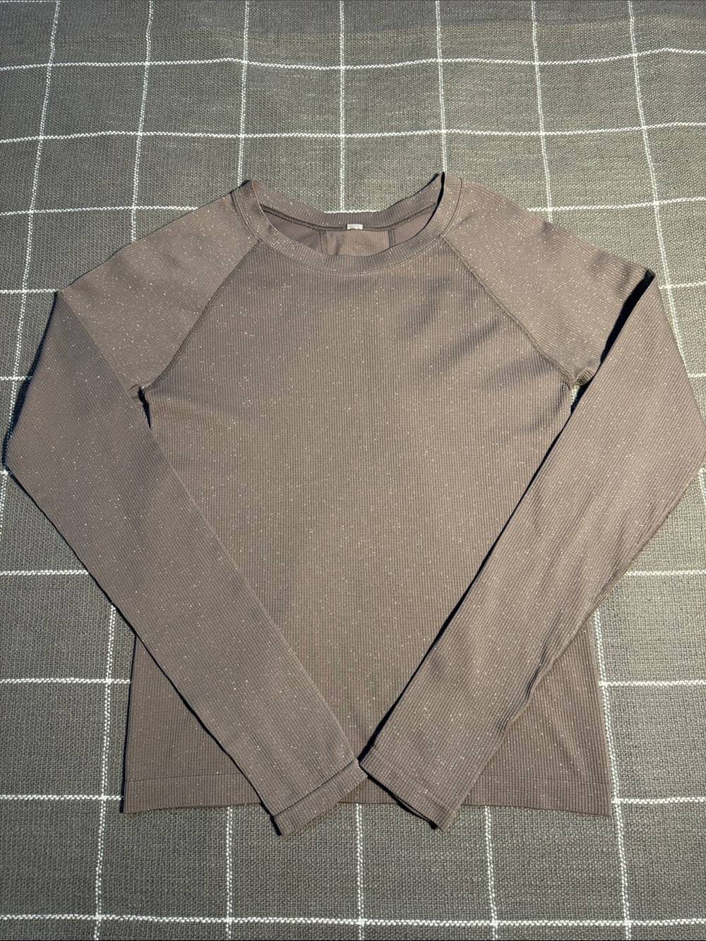 Athleta Long-Sleeve Crew Top in Taupe with Subtle Shimmer Thumb holes